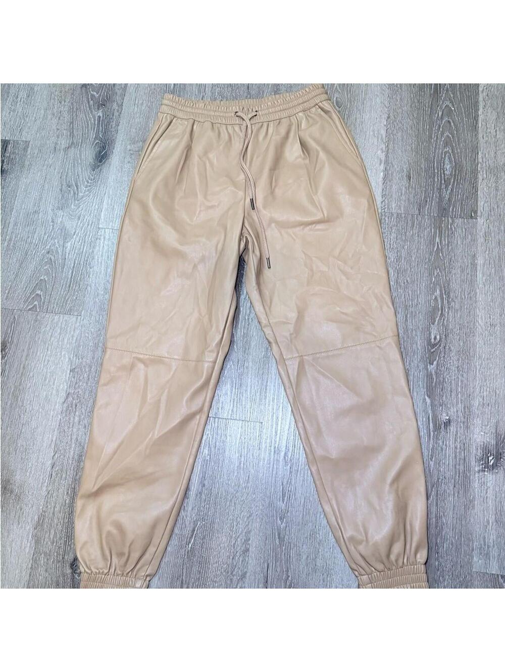 Zara womens tan caramel faux leather high waisted leggings elastic waist size S